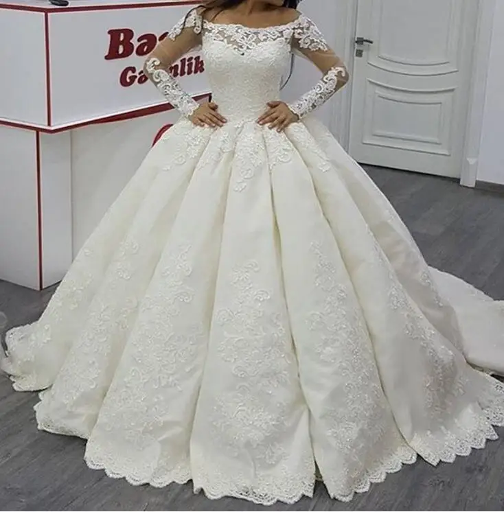 Свадебные платья 2019 Vestido De Noiva на заказ Роскошное винтажное бальное платье из атласа с длинным рукавом с горловиной лодочка белое платье