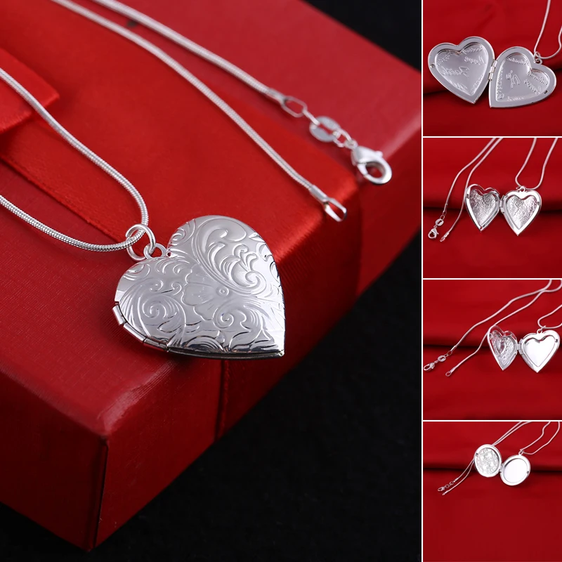 Valentine Lover Gift Heart Love Carved Charm Print Photo Frames Can Open Locket Heart Pendants Necklaces