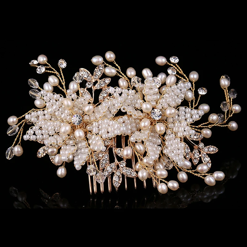 

European Design Bridal Hair Accessories Luxury Hair Jewelry Handmade Flower Leaf Crystal Pearl Wedding Vine Tuck Hair Comb