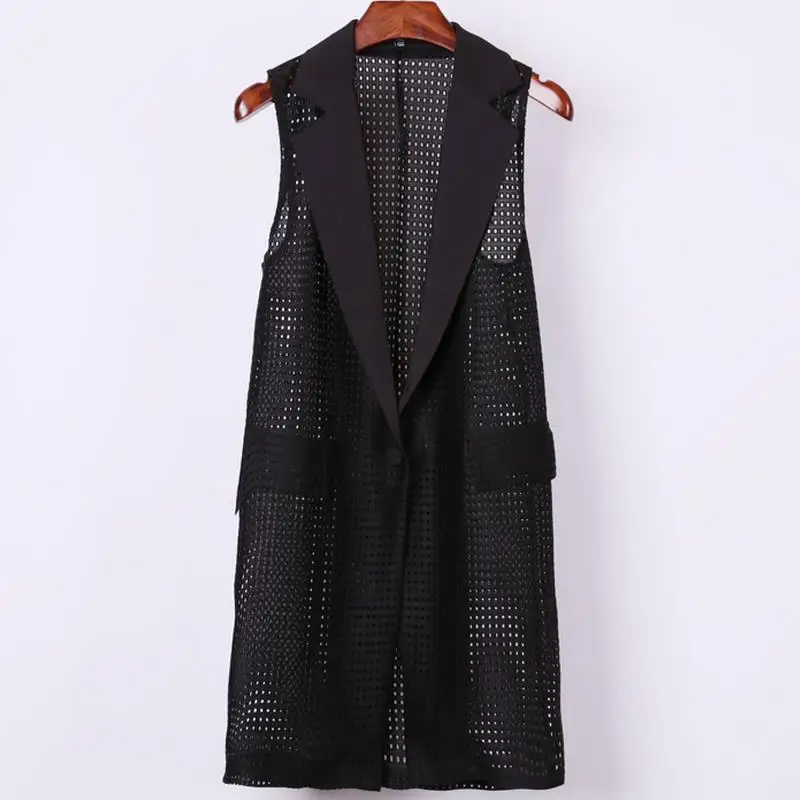 

plus size 4XL women summer spring sleeveless outerwear female casual grid medium-long slim one button Solid Patchwork vest