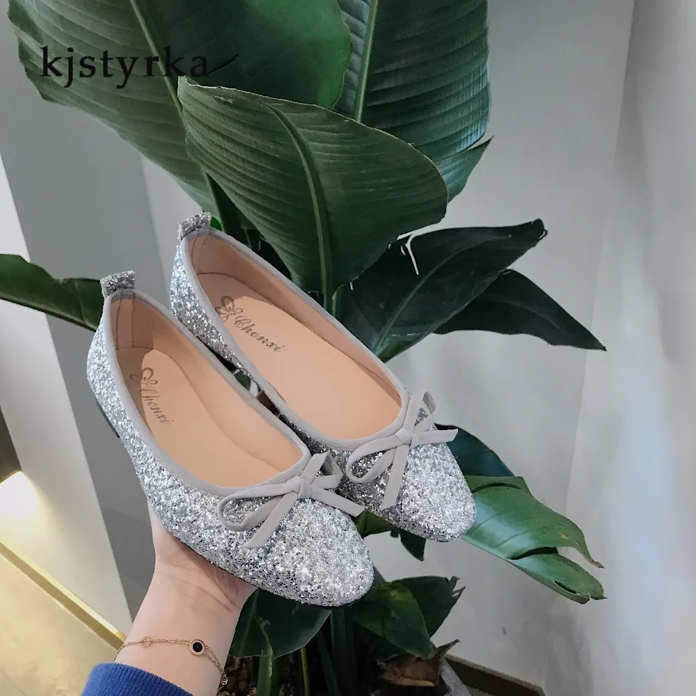 

Kjstyrka 2019 women flats square toe Paillette bling sequin butterfly-knot flat ladies shoes comfortable scarpe donna