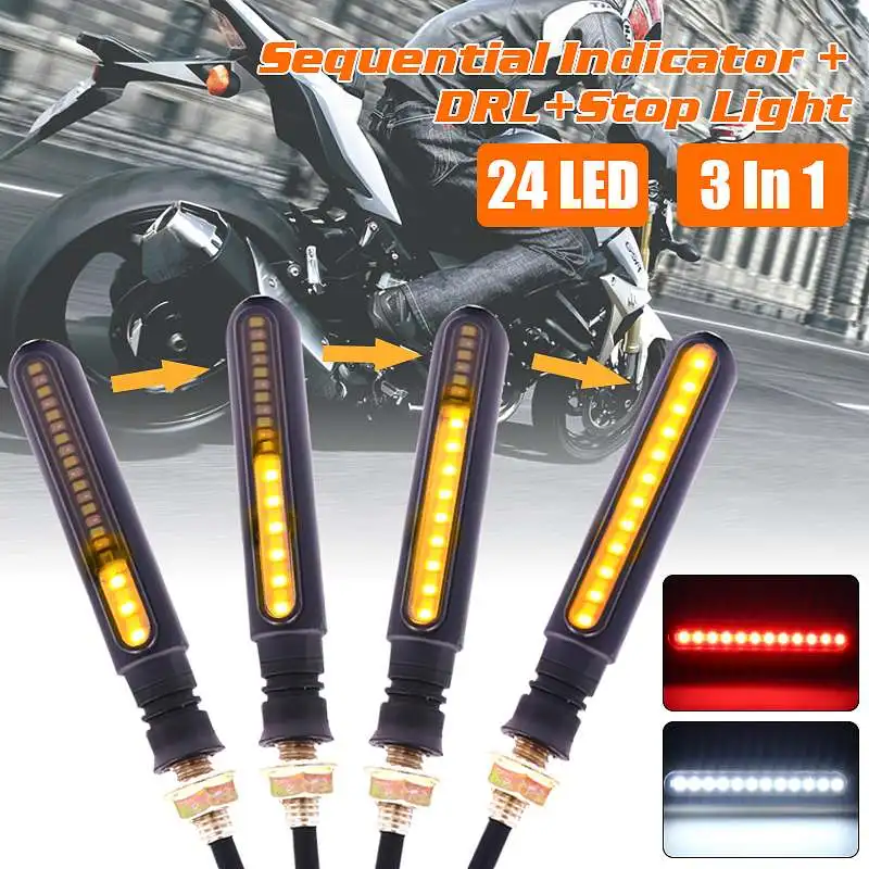 

4Pcs 3in1 LED Front Motorcycle Indicator Turn Lights Signal Lamp Yellow Water Flow+White DRL+Back Sharp-flash Red Brake Light