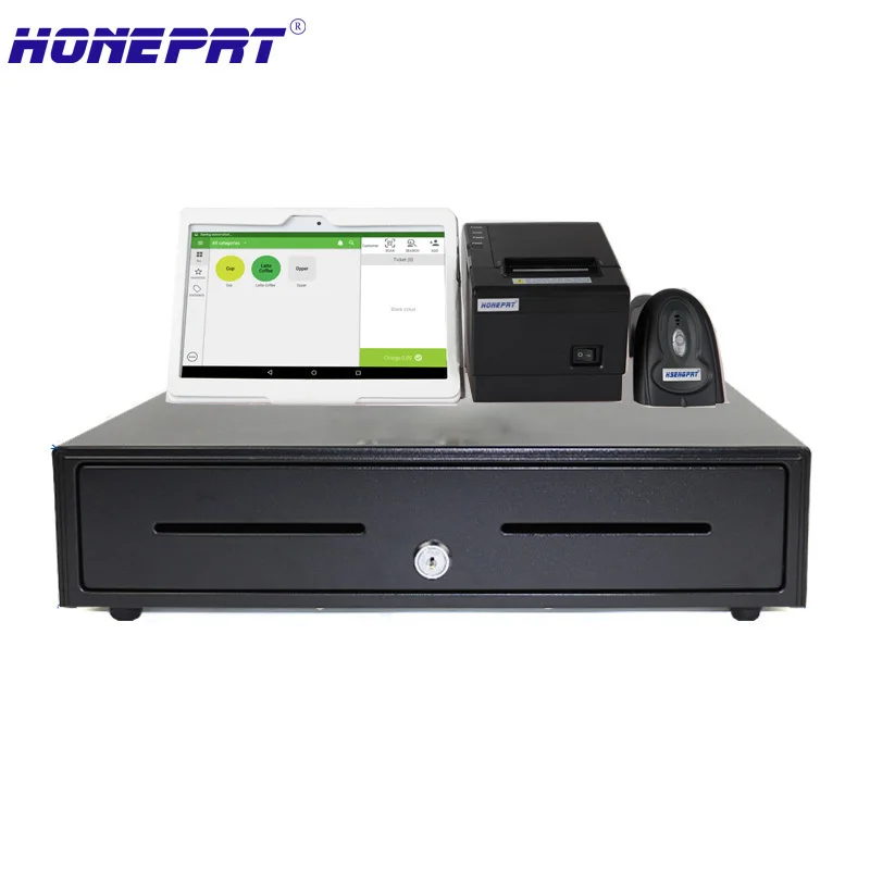 أنظمة POS ل متجر يبيع مع درج للنقود و 10 بوصة الروبوت PC و 2 inchThermal طابعة و 1D ماسح الرمز الشريطي بتقنية bluetooth