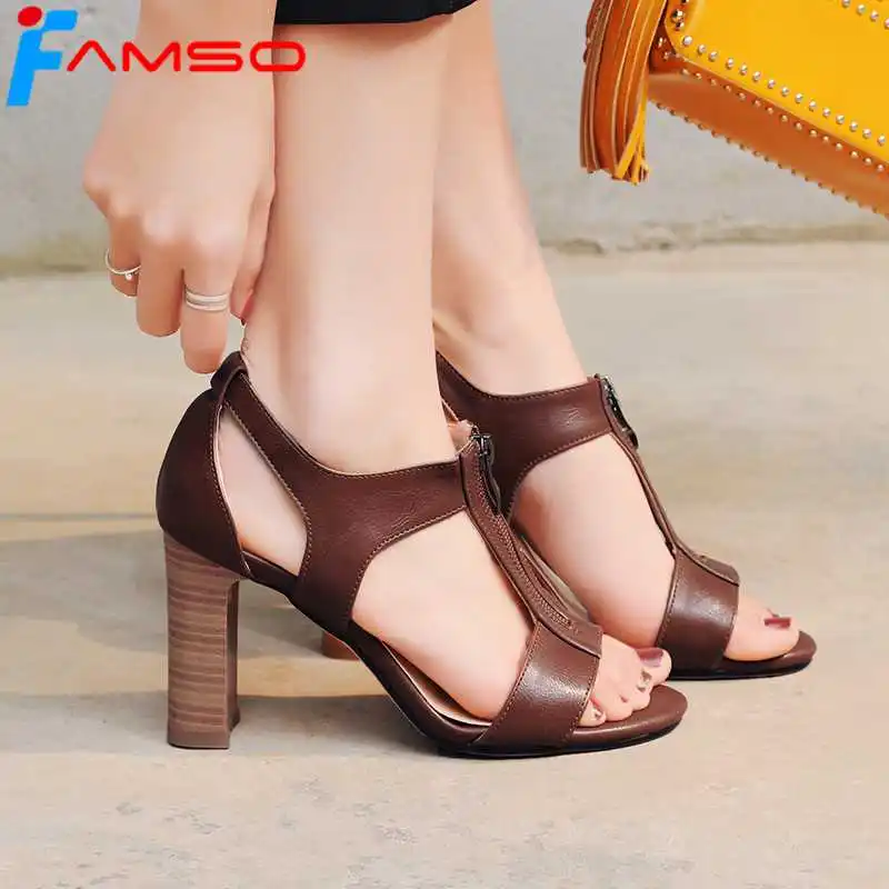 

FAMSO 2018 New Arrival Black Sandals Shoes High Heels Retro Style Female Leather Pumps Designer Party Summer Women Sandals