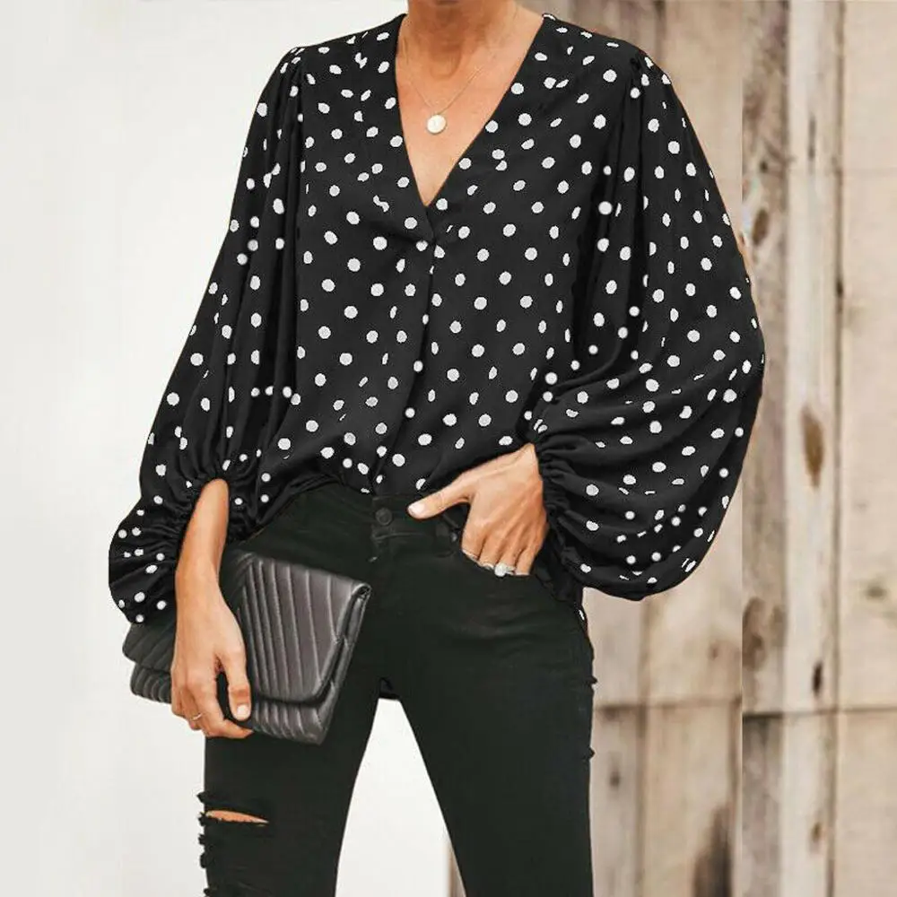 

2019 Fashion V-Neck Long Puff Sleeve womens Blouse Autumn Polka Dot Ruched Casual Ladies Blouse Shirt Tops Blusas Mujer