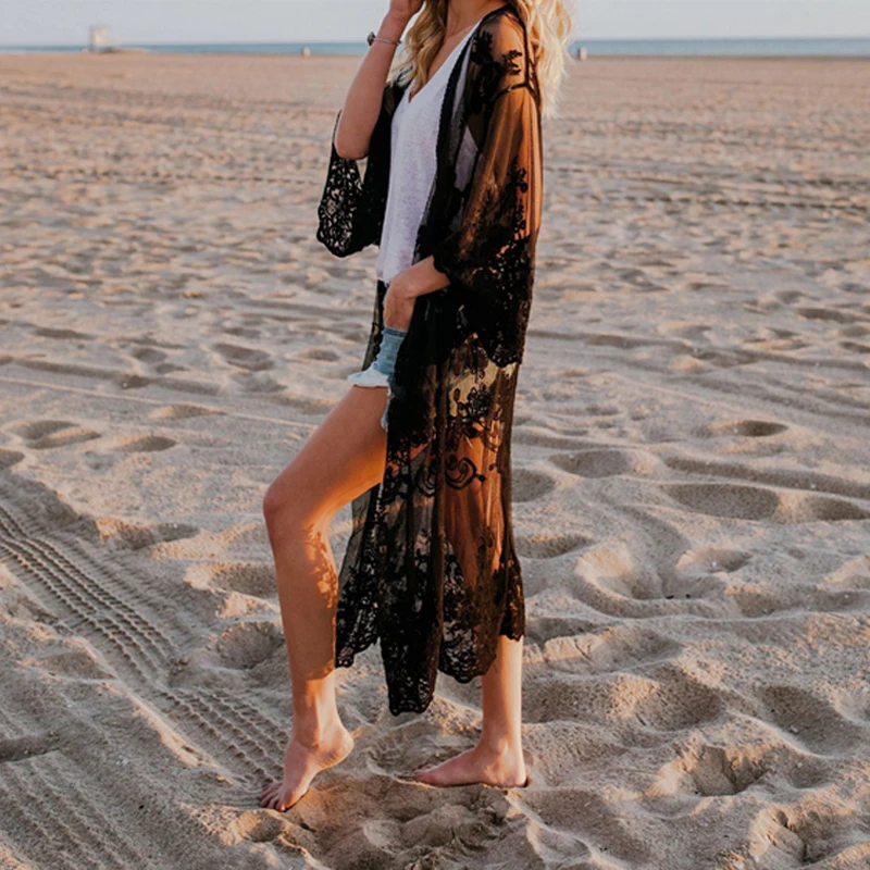 bathing suit wrap Women Beach Cover Up Beach Dress Chiffon Lace Kimono Cover Up Boho Casual Long Sleeve Cardigan Monokini Bathing Lace Dress bikini cover up dress