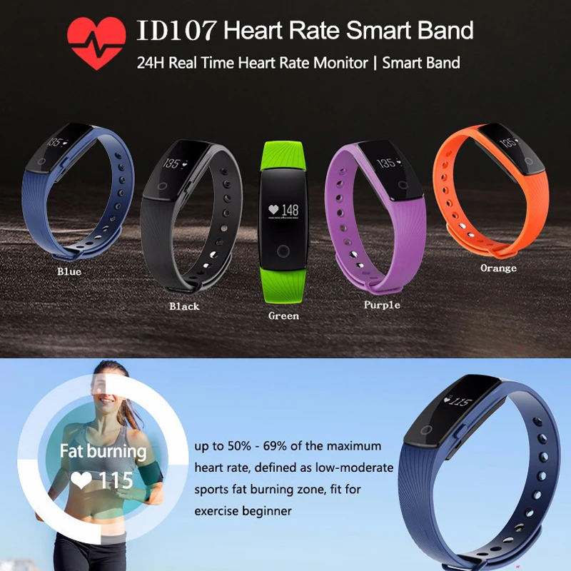Original Fashion ID107 Bluetooth Smart Band With Heart Rate Monitor Pedometer Re