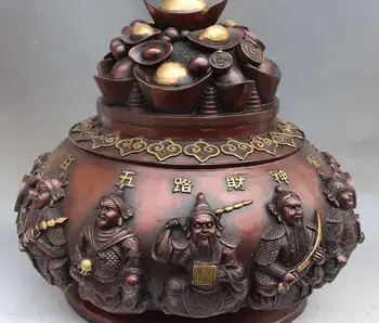 

free shipping Chinese Copper Bronze Gilt Wealth 5 Mammon Treasure bowl incense burner Censer