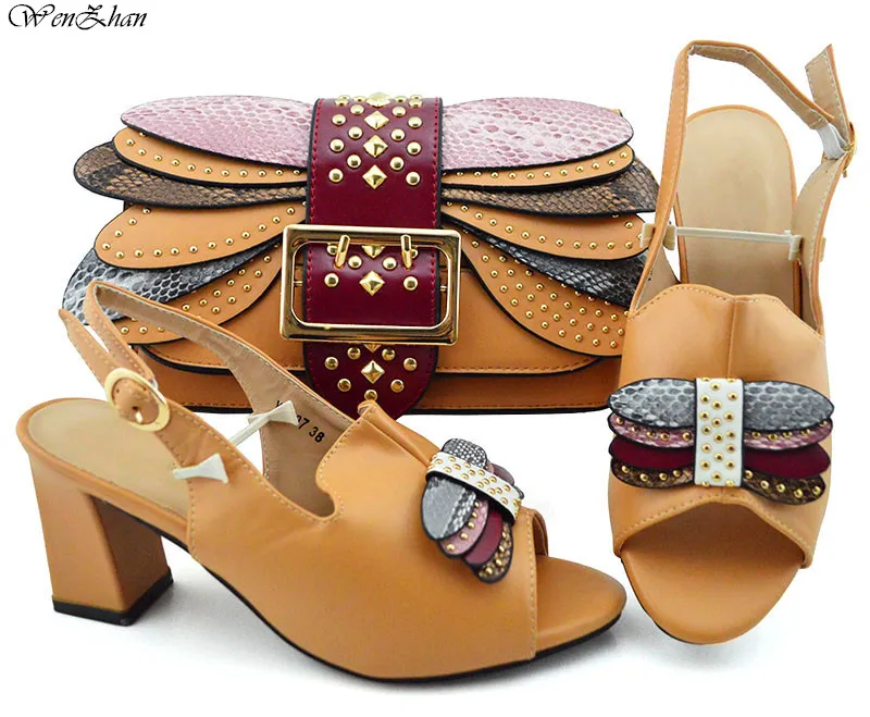

Khaki Color Italian shoes with matching bag lady newest style African shoes and bag set for party 38-43 WENZHAN B94-5