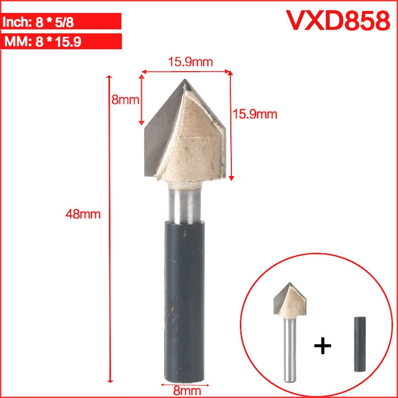 VXD858 Tideway 8 мм хвостовик V тип долбежный резак профессиональные фрезы для дерева 90 град Вольфрам Деревообработка Резьба Инструменты - Длина режущей кромки: VXD858