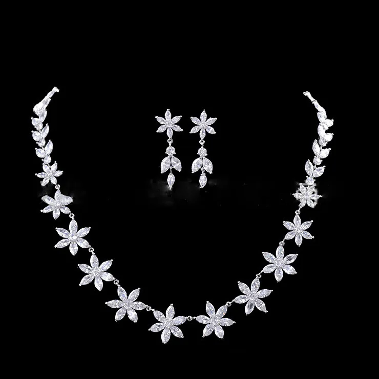 

New Rhodium Color AAA Cubic Zirconia Eleven Flower Stylish Necklace Earrings Fashion Wedding Jewelry Sets for Women S011