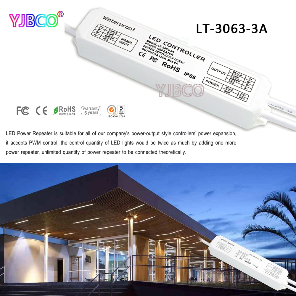

LT-3063-3A LED CV Power Repeater (amplifier) waterpoof Controller DC5V-24V ;3A*3CH MAX 9A output for led strip light lamps
