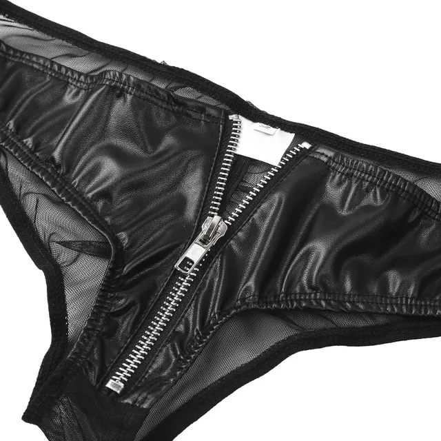 Zipper Leather Panties For Women Transparent Soild Low Waist Black