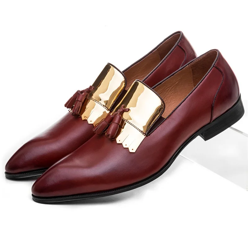 

Fashion Black / Wine Red Loafer Mens Wedding Shoes Genuine Leather Dress Shoes Male Formal Shoes With Tassel
