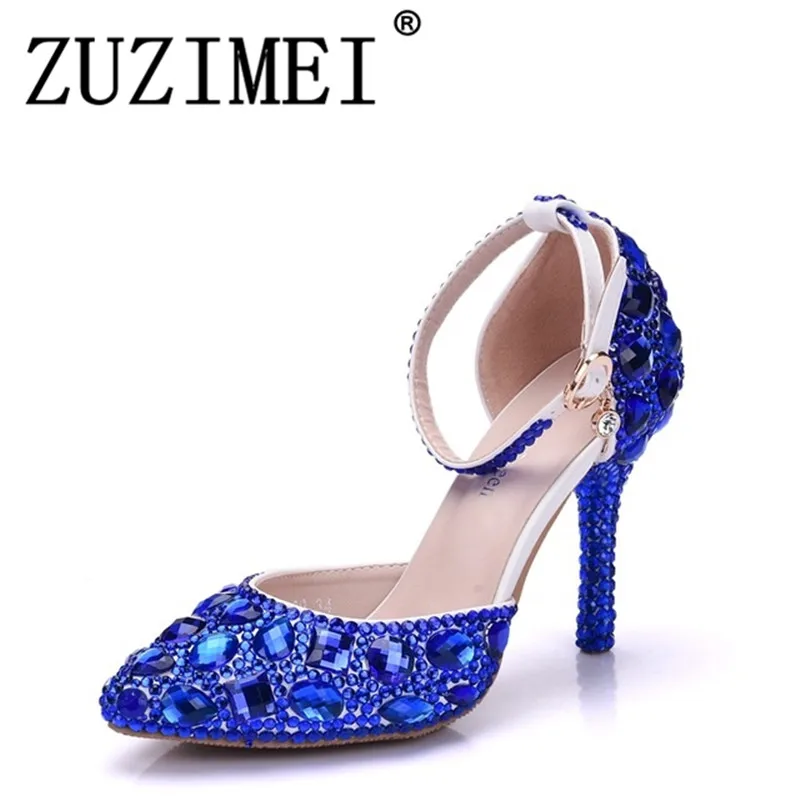 Lady High Heels Sandals Wedding Shoes Diamond Blue Crystal Shoes Woman Wedding Photo Studio Wedding Dress Shoes