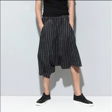 Корейские новые полосатые брюки-кюлоты, повседневные брюки, мужские брюки, длина до икры, Висячие штаны-шаровары, брюки для певиц