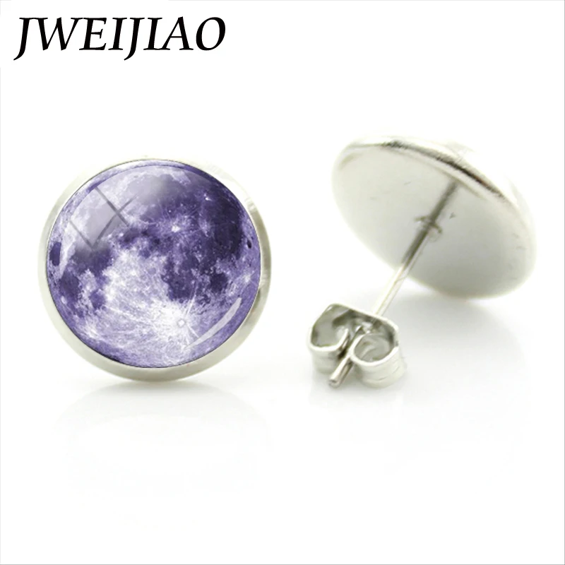 JWEIJIAO Moon Galaxy Planet Harajuku цветные круглые стеклянные серьги гвоздики с кабошонами