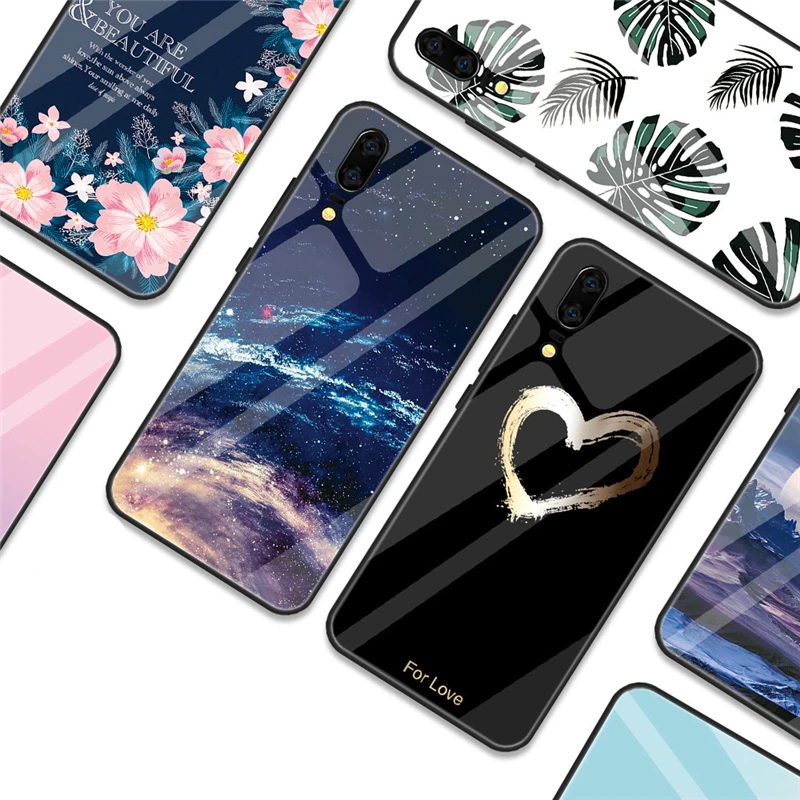 ELETEIL Glossy Shockproof Tempered Glass Phone Case For Huawei P20 Lite Pro Plus Floral Space Heart Pattern Cover E2 |
