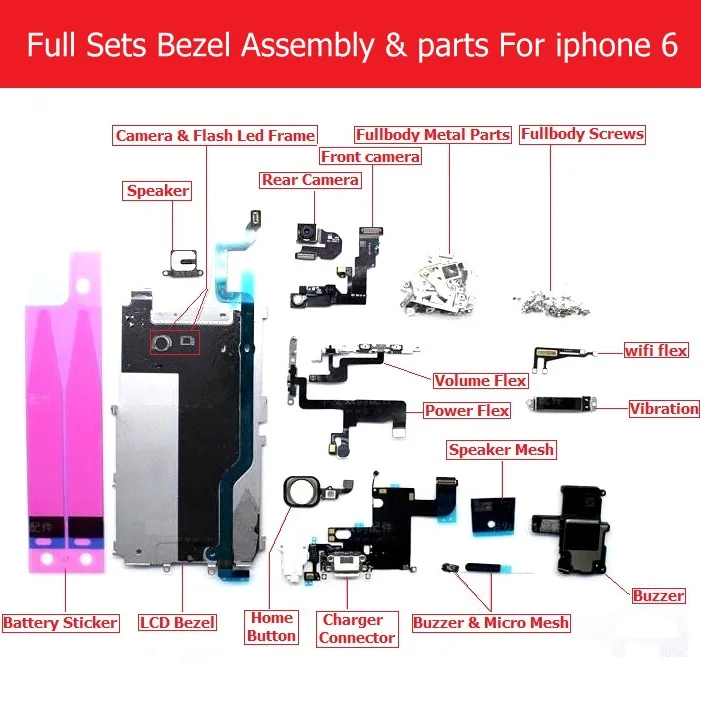 Set Completo Bezel Assembly Di Ricambio Per Iphone 6 Caricabatterie Usb /Lcd Bezel /Camera /Speaker/Vibrazione/Vite/Staffa/Buzzer/Wifi Flex