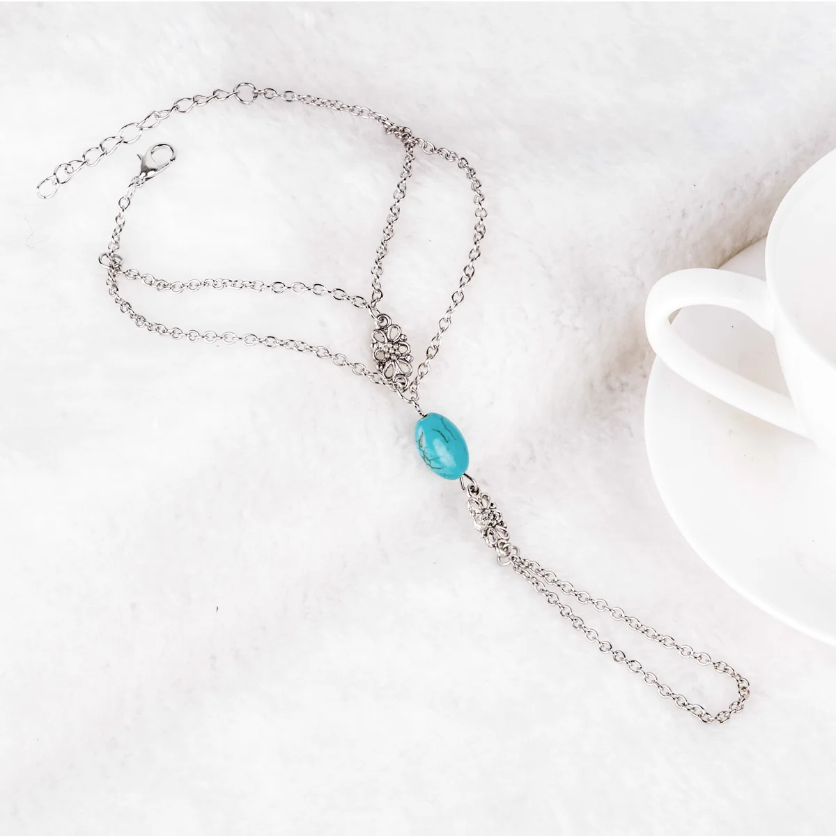 Fashion Chain Bracelet Drop Punk Silver Plated Women Metal Hand Harness Chain Turquoise Beads Slave Finger Ring Boho Jewelry