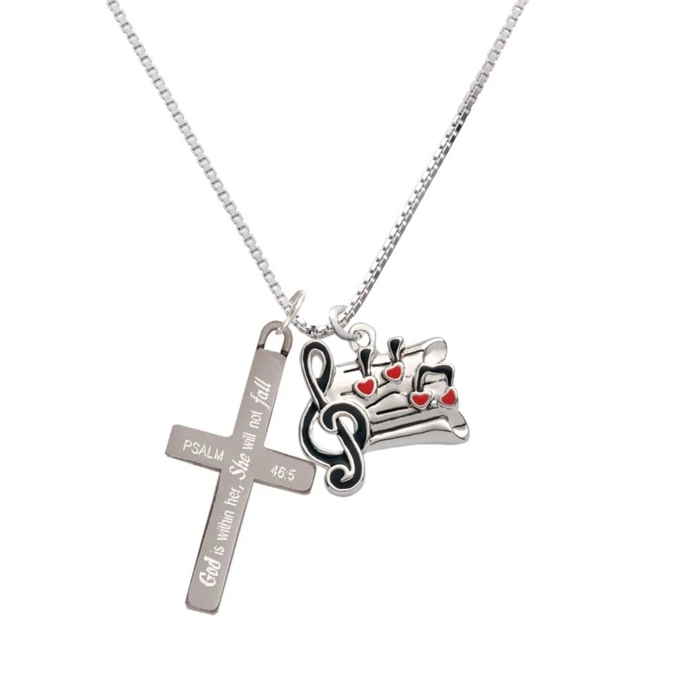 Music Sheet with Hearts - She will not Fall - Cross Necklace