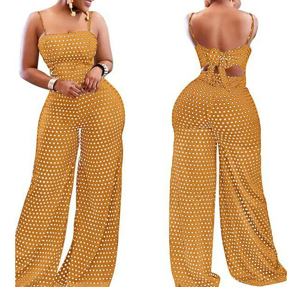 Hot Women Fashion Dot Sleeveless Backless Playsuits Female Summer Clubwear Playsuit Bodycon Party Jumpsuit Long Pants S-2XL - Цвет: Цвет: желтый