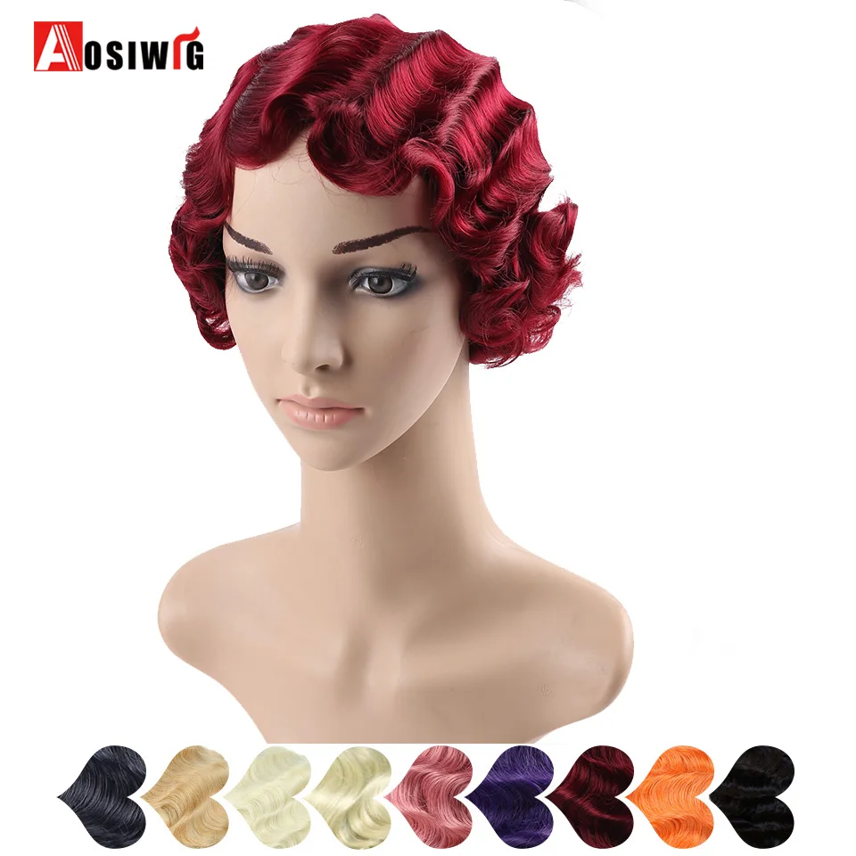 AOSI pelo sintético corto rizado resistente al calor ondas de dedo pelucas para mujeres africanas americanas Cosplay peluca