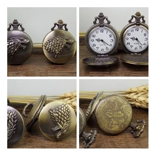 

Vintage Fashion Punk Game of Thrones Pocket Watch Necklace Gothic Movie House of Stark Black Wolf Game Jewelry toy