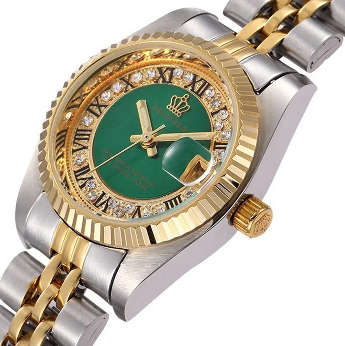 Стразы, топ класса люкс, Брендовые женские часы, кварцевые, золотые, 3 бар, водонепроницаемые, женские наручные часы, женские часы с бриллиантовым браслетом, montre femme - Цвет: Зеленый