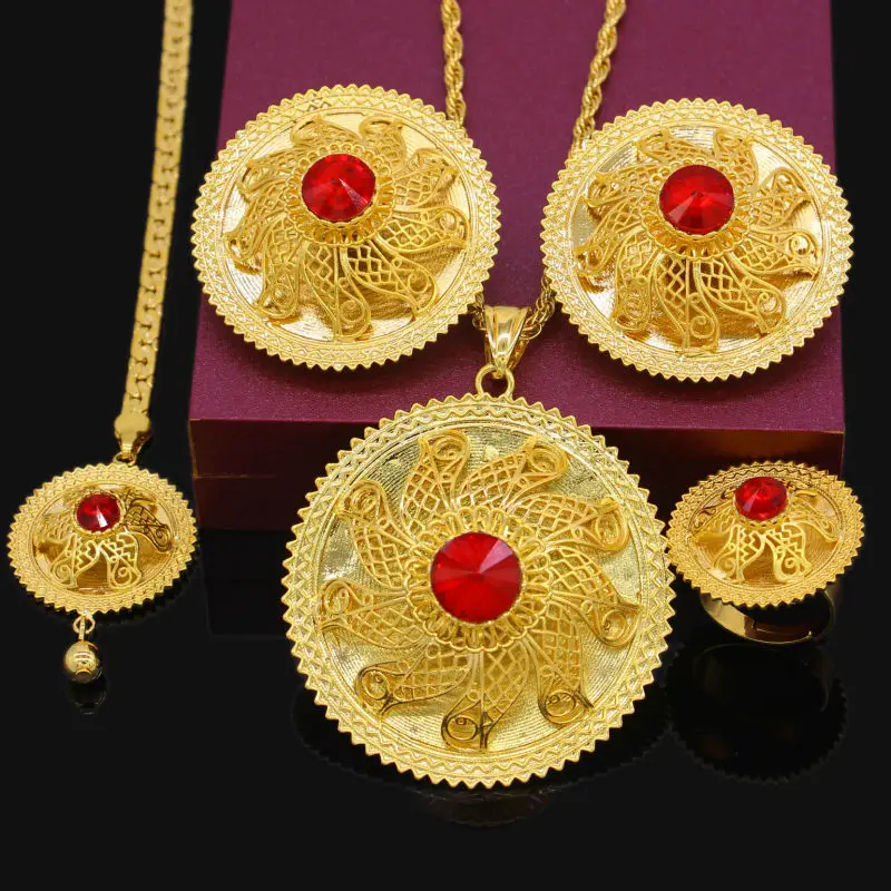 Комплект эфиопских украшений 24 K золотого цвета кристалл ожерелье/кулон/цепочка для волос/серьги/кольцо средняя Пасха в стиле хабеша, свадебные наборы