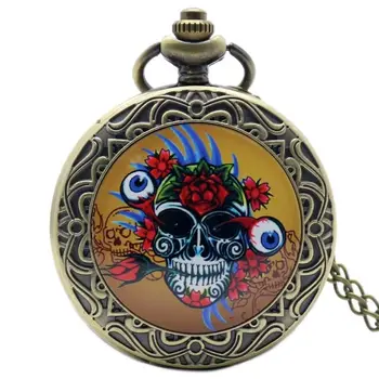 

Scary Eye Balls Out Skull Flower Pattern Antique Bronze Quartz Necklace Pocket Watch For Men Women Gift