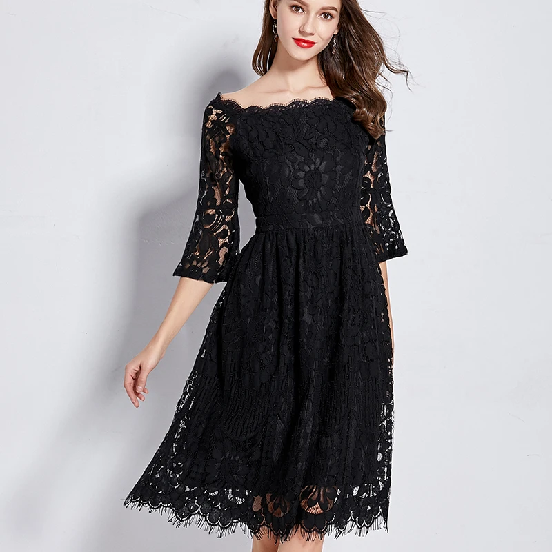 

2019 spring summer slash neck flare sleeves lace dresses plus size elegant women hollow floral lace A-line dresses black red