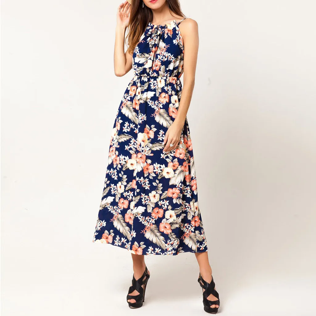 feitong Women Sexy Party Dress 2019 Sexy Spaghetti Strap Fashion O-Neck Print Sleeveless Halter Maxi Dresses Woman Party Night