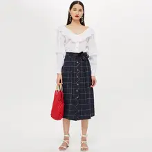 Винтажные темно-синие простые клетчатые юбки в стиле пэчворк женские Ретро до колена Юбки пуговицы пояса для девочек Повседневная Уличная Офисная Леди