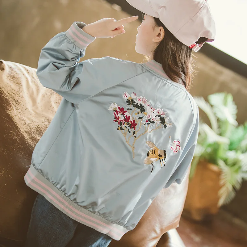 

Girl Zipper Jacket Spring Autumn 2019 Teenager Flower Embroidered Jacket for Girls Tops Winter Kids Sequin Jacket Baseball Coat