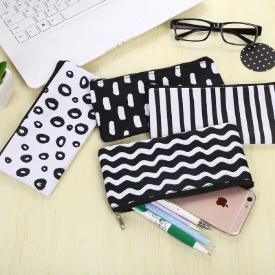 

1PC Brief Black White Stripes Canvas Pencil Case Stationery Storage Organizer Bag For School Office Supply