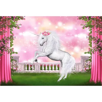 

Gradient Photpgraphy Background White Unicorn Baluster Green Lawn Pink Curtain Backdrop For Girls Birthday Party Photo Props