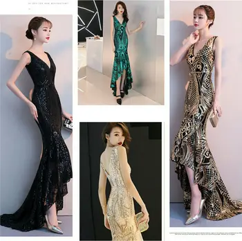 

Women's V Neck Evening Dresses Golden Vintage Sequin Mermaid Ballkleid Party Gown suknia wieczorowa