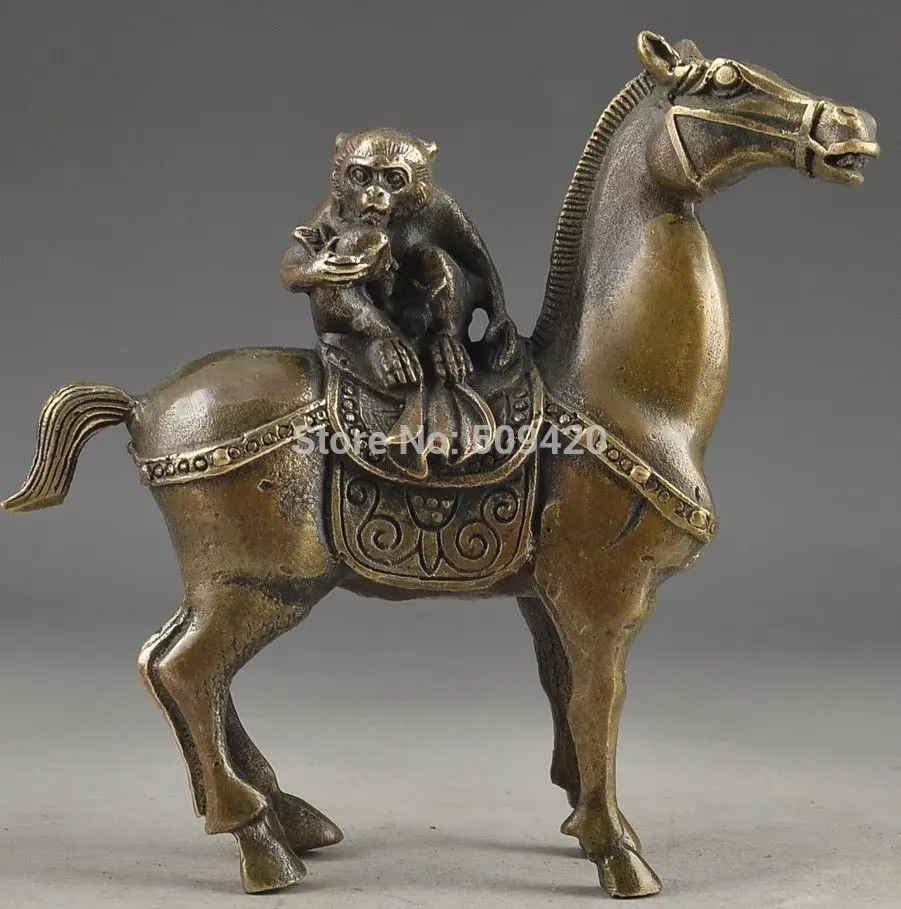 

15CM China Vintage Brass Handwork Hammered The Monkey Riding Horse Lucky Statue