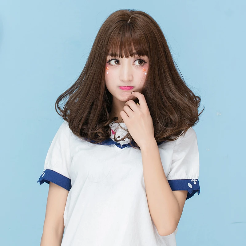 

45cm Medium Wavy Dark Brown Lolita Lady Celebrity Cosplay Wig Heat Resistant With Bang +Wig Cap H765246L2