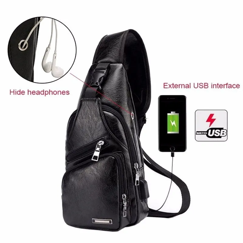 Мужская кожаная нагрудная сумка на ремне, маленькая сумка через плечо, сумка-мессенджер с usb зарядным портом, наушники, походный рюкзак - Цвет: Black