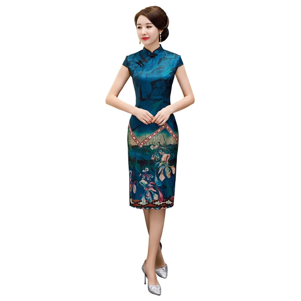 Шанхай история китайский стиль Платье До Колена Cheongsam цветочный Qipao восточное платье с коротким рукавом Вечерние платья для женщин