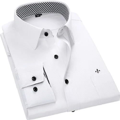 Dudalina, мужская рубашка размера плюс, с карманами, с длинным рукавом, классические мужские рубашки, официальная, деловая рубашка, мужская, с вышитым логотипом, M-5XL - Цвет: 1451white
