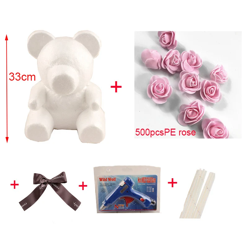 Foam Bear Mold PE Rose Artificial Flower Heads Rose Bear White Mold and Gift Box DIY Rose Bear Accessories Bag - Цвет: pink package bag