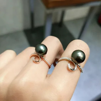 

FLZB, Graceful black woman ring natural tahitian pearls round 9-10mm special elegant jewelry for lady two color white and rose