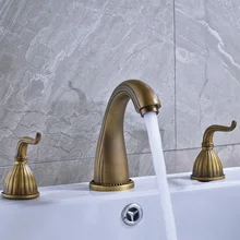 Vintage Antique Brass Deck Mount Bathroom Faucet Widespread Sink Tub Mixer Tap Double Handles Bathroom Basin sink Mixer Tap free shipping gold clour double handles bathroom bidet faucet sex faucet mixer tap