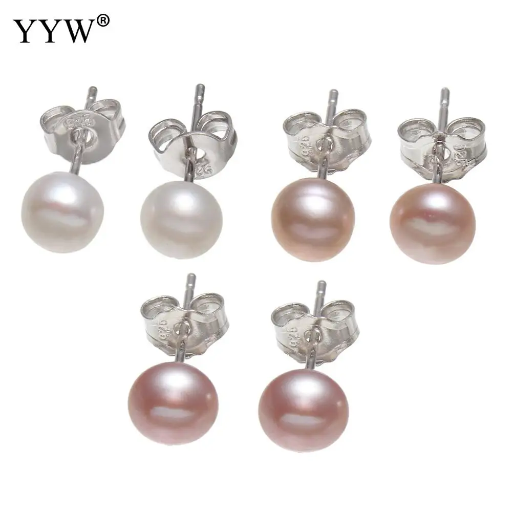 YYW серьги-гвоздики с натуральным жемчугом 5-6 мм круглые белые фиолетовые розовые серьги из пресноводного жемчуга серебряные серьги для женщин