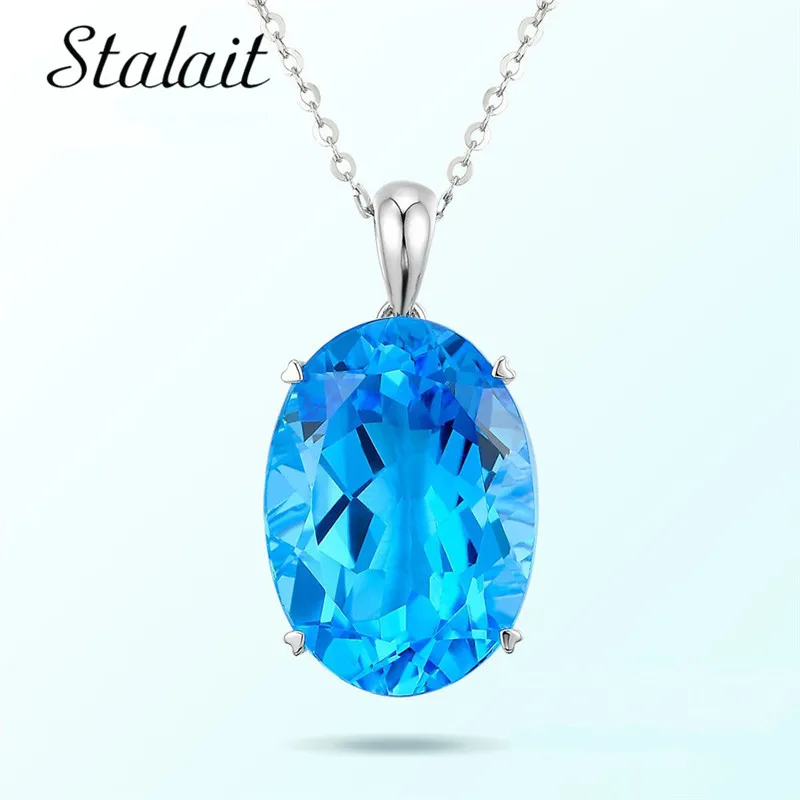 

Fashion Natural Stone Silver Color Oval Blue Crystal Pendant Necklace Summer Jewelry Gift For Mother Grandma
