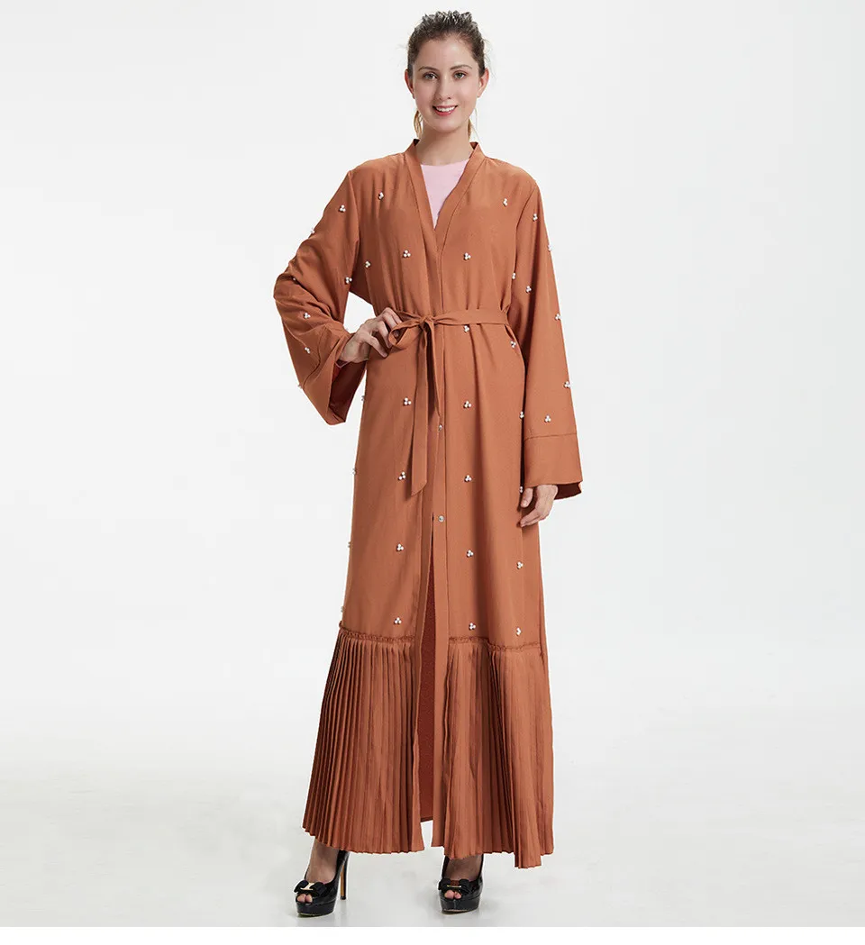 Длинное платье Лето Дубай для женщин жемчужина открыть мусульманское платье арабский abaya кимоно кардиган ropa mujer женский a0318