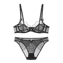 Сексуальный сетчатый прозрачный комплект с бюстгальтером на косточках с бантиком, пуш-ап, чашка 1/2, Ультра тонкое нижнее белье без подкладки, комплекты нижнего белья, женские бюстгальтеры